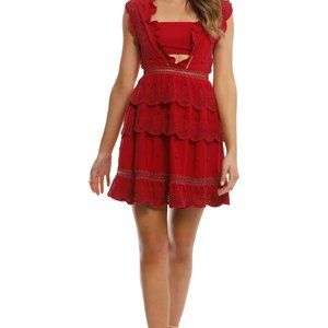 Self Portrait Tiered Peplum Broderie Lace Dress, Red, Size 4